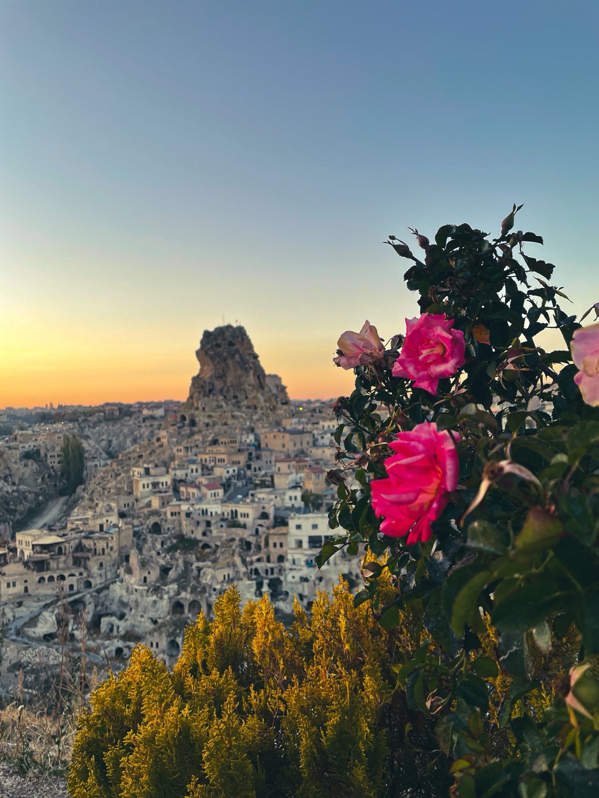 Gün batımında Ortahisar Kalesi ve önündeki taş evler, ön planda pembe güller